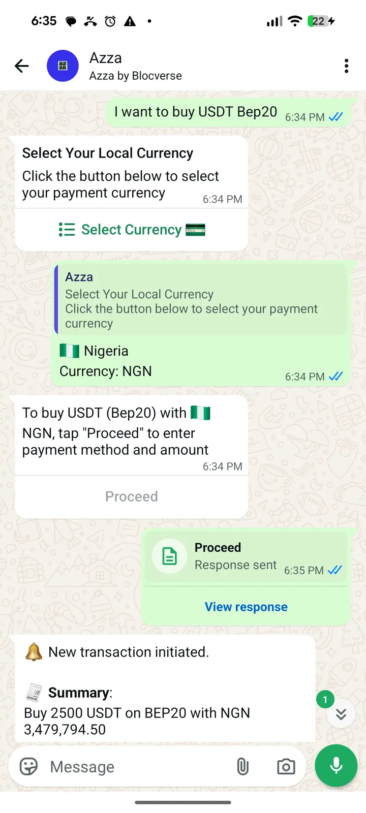 A WhatsApp chat with Azza buying 2,500 USDT on BEP20 with Naira, from choosing the currency to the transaction summary.